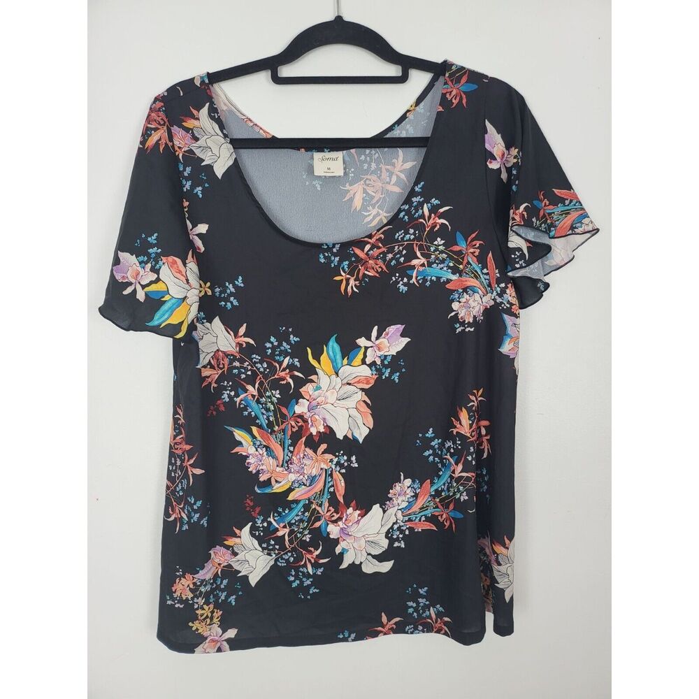 Soma Blouse M Womens Black Floral Crew Neck Pullover Sheer Top Coquette Pullover